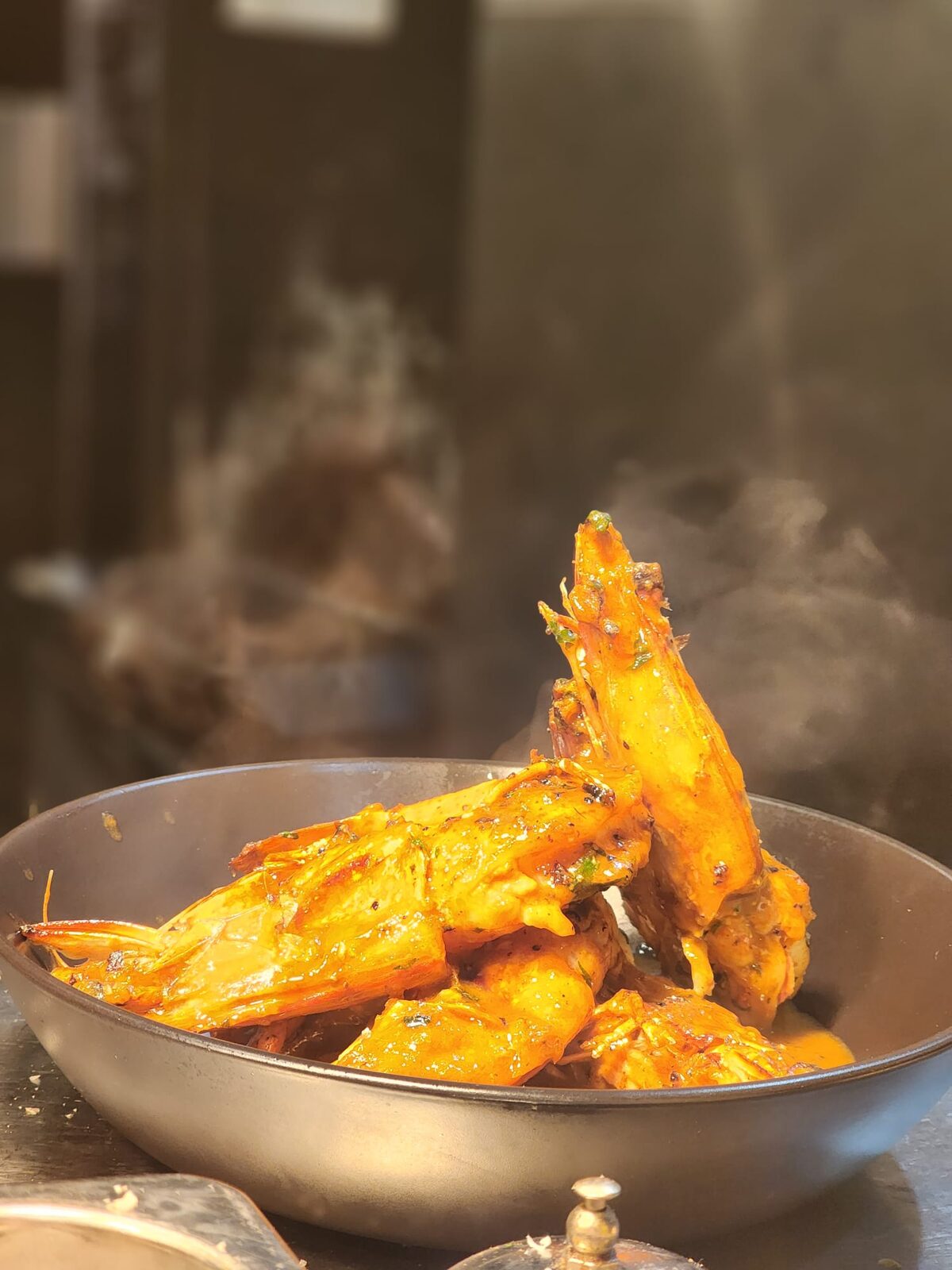 Steaming king prawns prepared in the kitchen